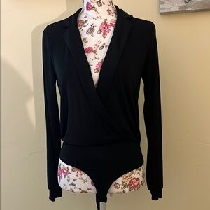 Fashion Nova Black Wrap Bodysuit with Notched Collar